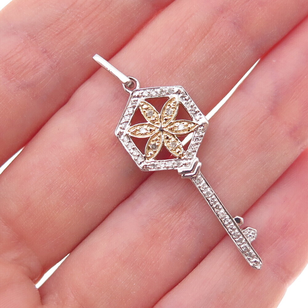 925 Sterling Silver 2-Tone Real Round-Cut Diamond Floral Key Charm Pendant